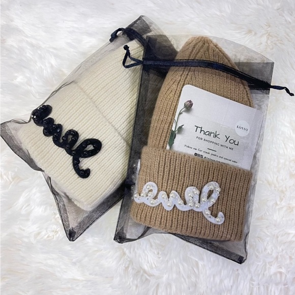 NEW! BEIGE Script Rhinestone Pearl Beaded Letter Graphic Knit Beanie Hat… - Picture 7 of 7